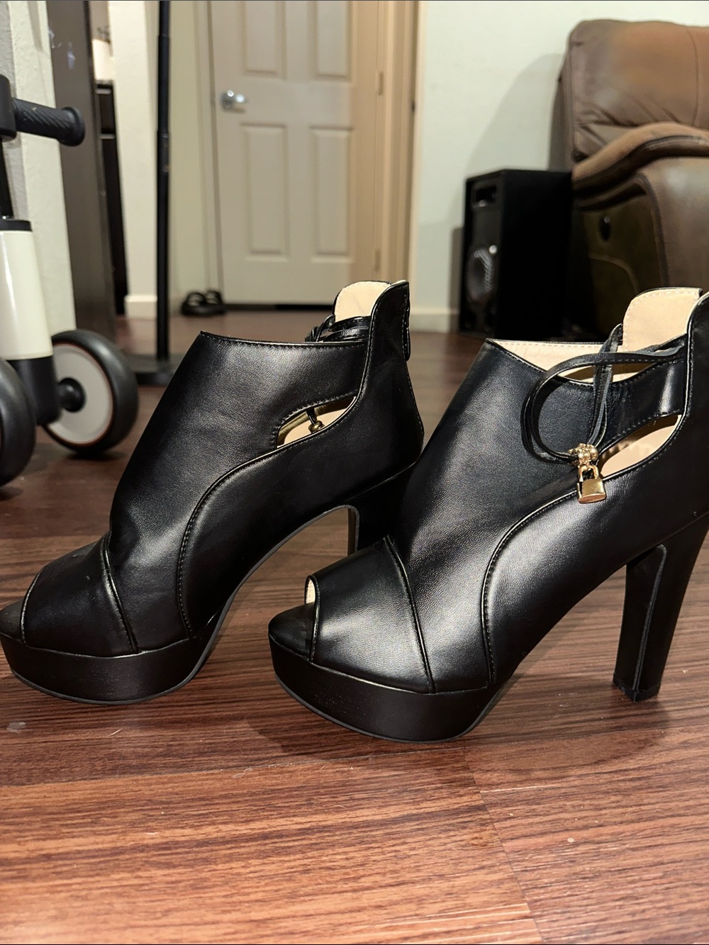 Black Peep-Toe Platform High Heel Booties